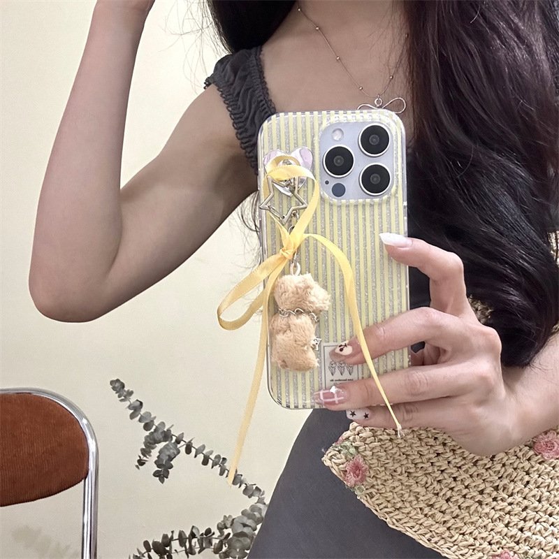 Yellow and blue striped teddy bear pendant for Apple 15 ProMax double-layer iPhone 14 full package anti drop phone case