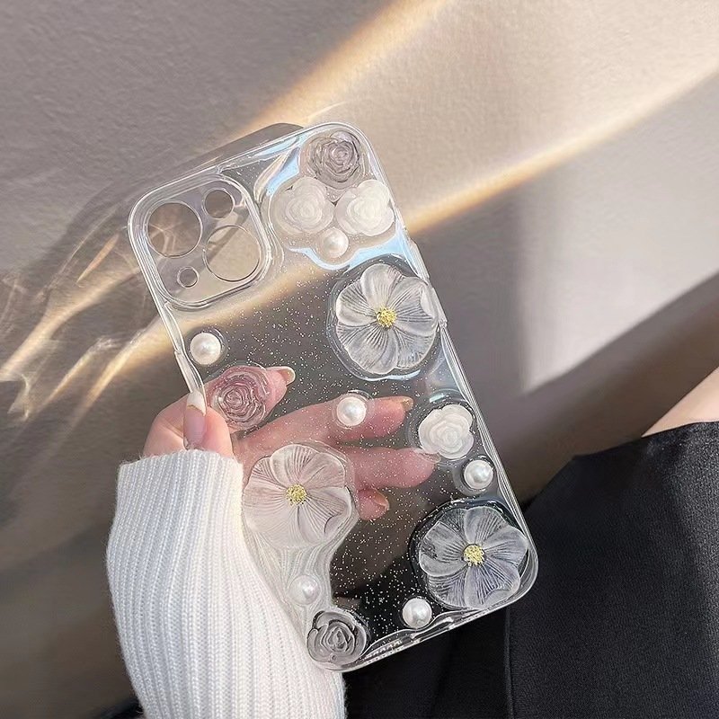 Bling White Flower Design PC Phone Case For iPhone 15 14 Pro Max Cell Phone Accessories Mobile Phone Case
