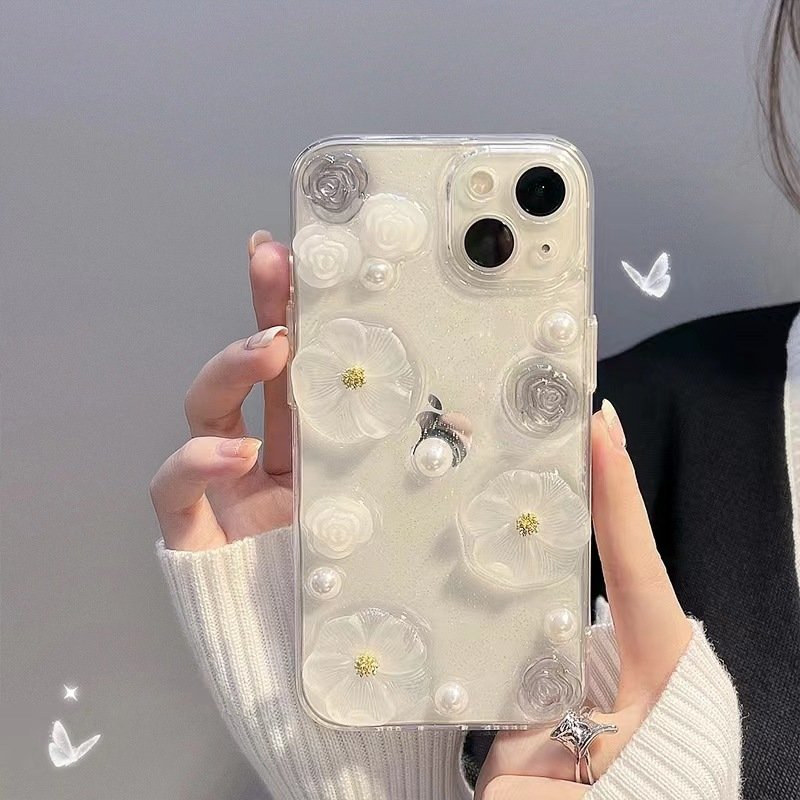 Bling White Flower Design PC Phone Case For iPhone 15 14 Pro Max Cell Phone Accessories Mobile Phone Case