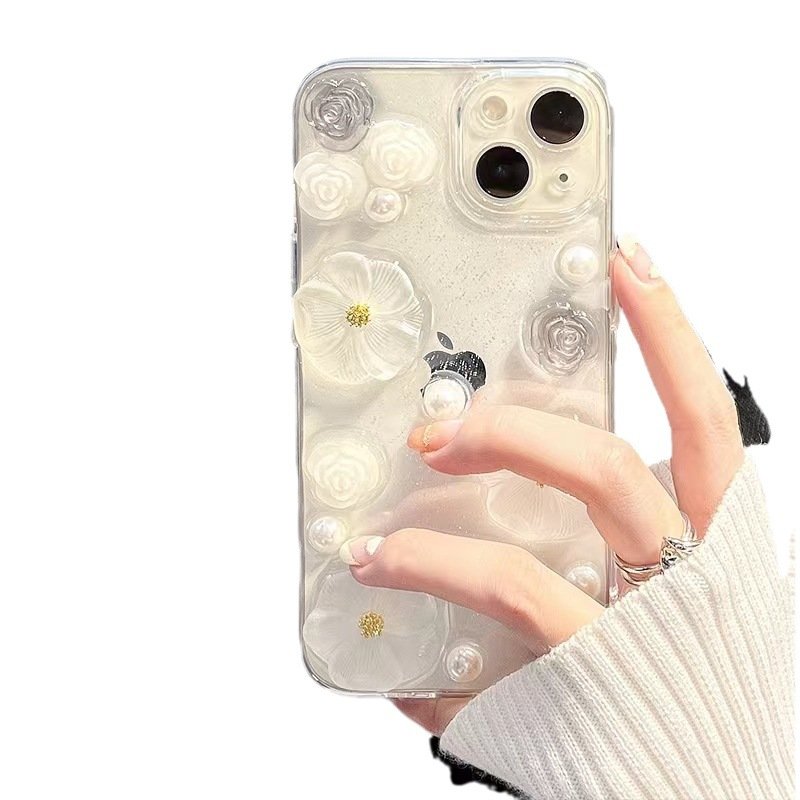 Bling White Flower Design PC Phone Case For iPhone 15 14 Pro Max Cell Phone Accessories Mobile Phone Case