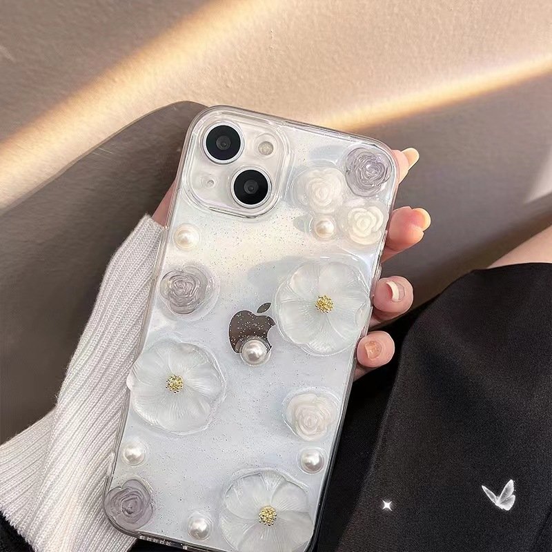 Bling White Flower Design PC Phone Case For iPhone 15 14 Pro Max Cell Phone Accessories Mobile Phone Case