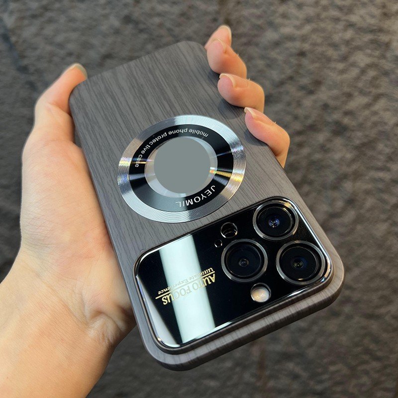 Suitable for iPhone 14/13/12/15 Pro Max mobile phone case large window wood grain magnetic leakage standard lens protection case