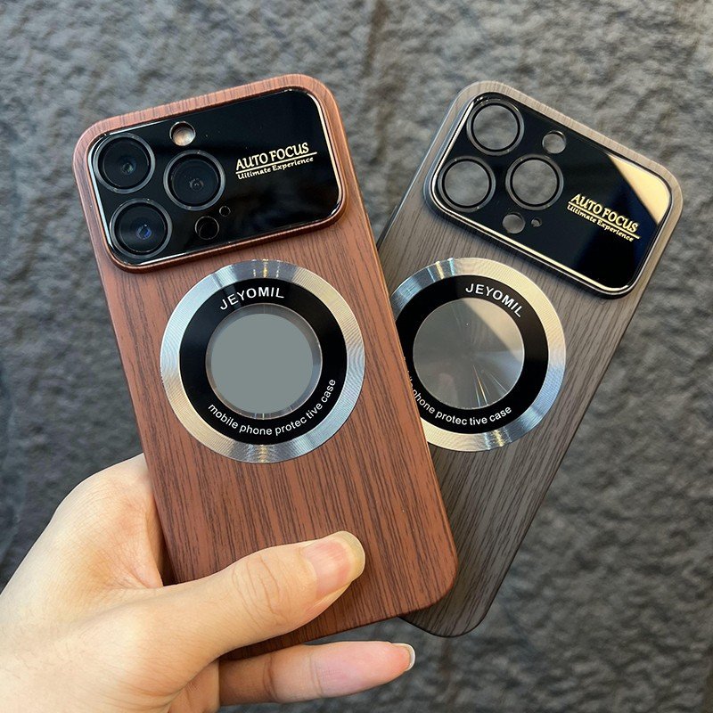 Suitable for iPhone 14/13/12/15 Pro Max mobile phone case large window wood grain magnetic leakage standard lens protection case