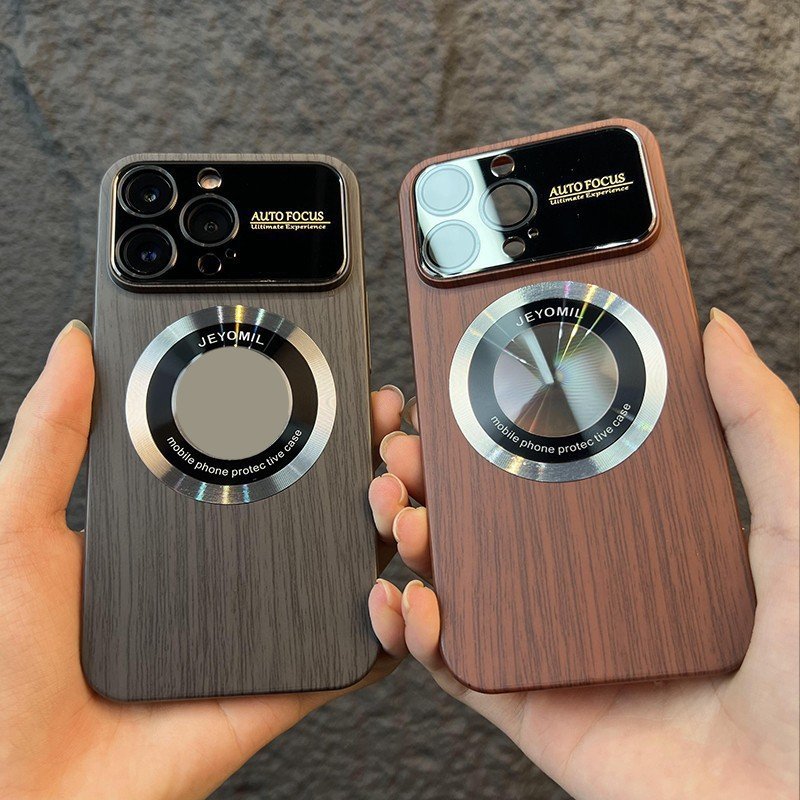 Suitable for iPhone 14/13/12/15 Pro Max mobile phone case large window wood grain magnetic leakage standard lens protection case