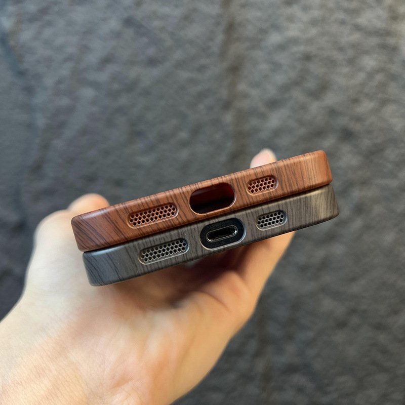 Suitable for iPhone 14/13/12/15 Pro Max mobile phone case large window wood grain magnetic leakage standard lens protection case