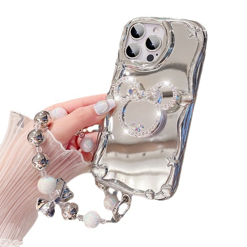 New Luxury 3D Diamond Heart Holder Stand Phone Case For Iphone 15 14 13 12 11 Pro Max XS Plating with chain bracelet Back Cover