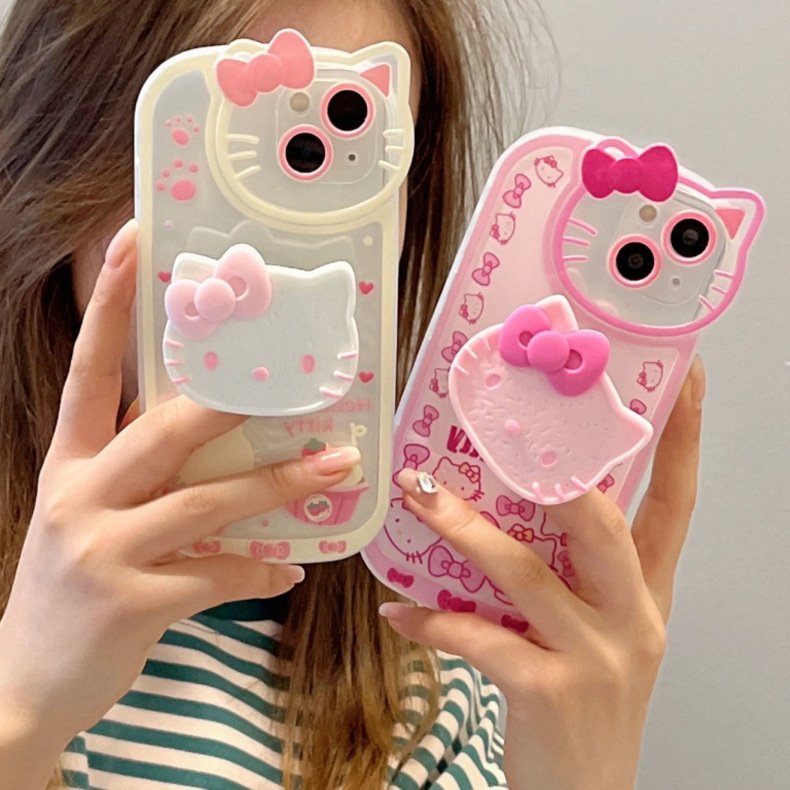 Lovely KT Cat Mobile Phone Case with Bracket Phone Holder for iPhone 11 13 12 14 15 pro max Cartoon Soft Shell Phone Accessories