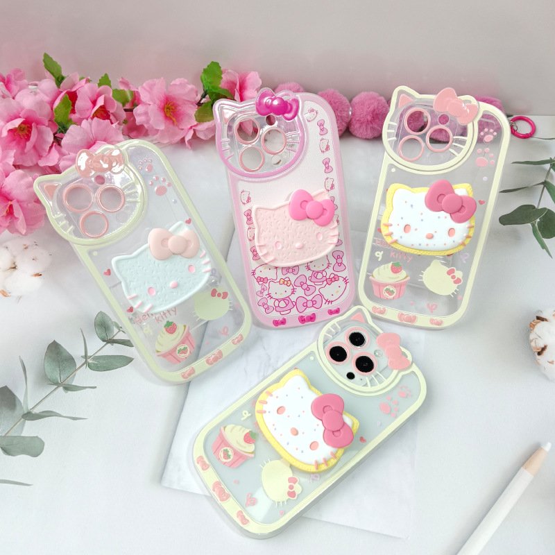Lovely KT Cat Mobile Phone Case with Bracket Phone Holder for iPhone 11 13 12 14 15 pro max Cartoon Soft Shell Phone Accessories