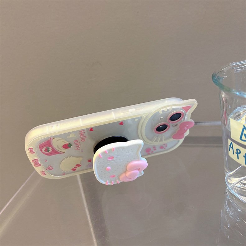 Lovely KT Cat Mobile Phone Case with Bracket Phone Holder for iPhone 11 13 12 14 15 pro max Cartoon Soft Shell Phone Accessories