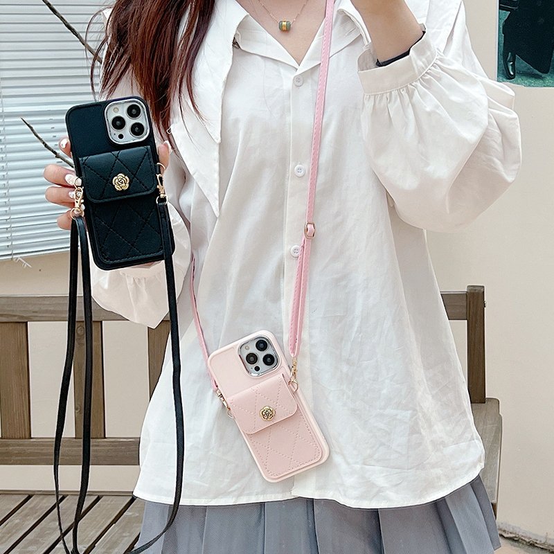 Soft TPU Phone Case With PU Leather Card Pocket With Necklace Strap White Pink Black Mobile Phone Case