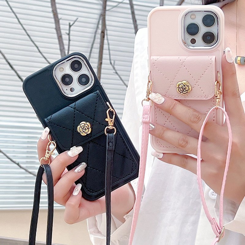 Soft TPU Phone Case With PU Leather Card Pocket With Necklace Strap White Pink Black Mobile Phone Case