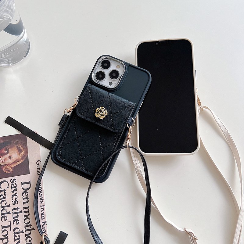 Soft TPU Phone Case With PU Leather Card Pocket With Necklace Strap White Pink Black Mobile Phone Case