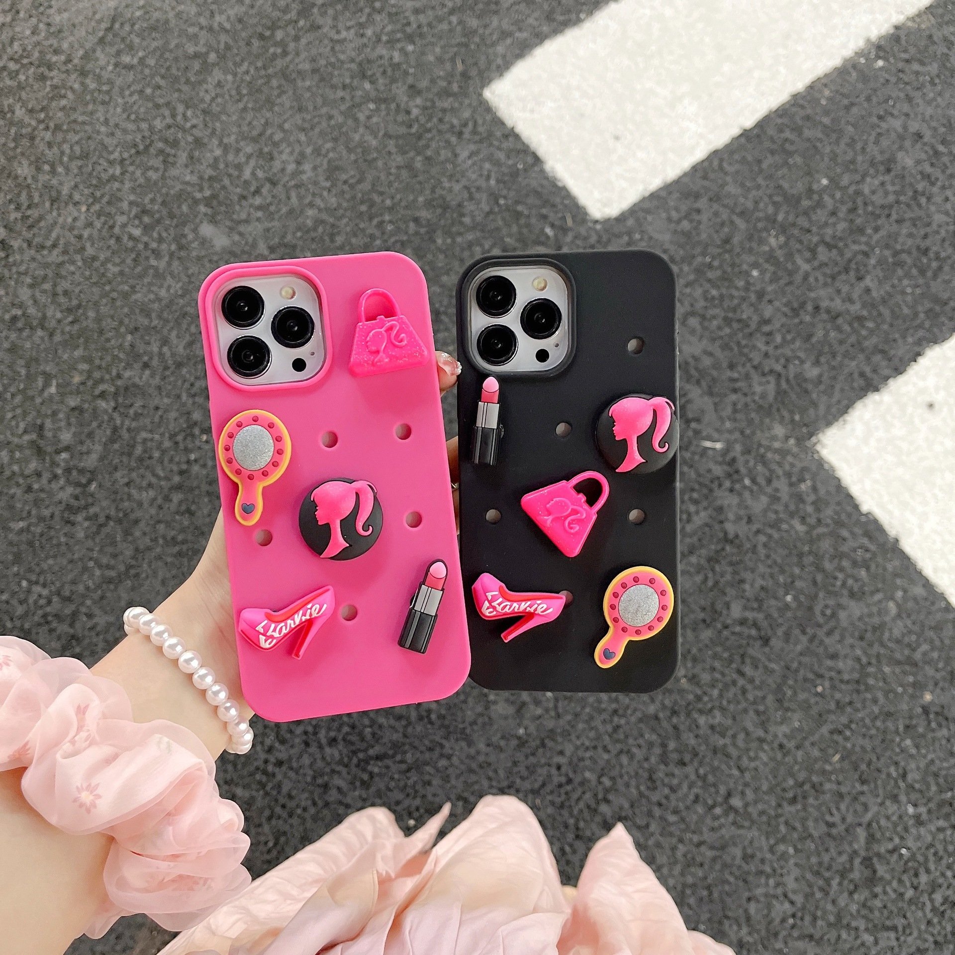 Korean 3D Make-up Mirror Lipstick Silicon DIY Hole Mobile Phone Accessories Case For iPhone 11 12 13 14 Pro Max Back Cover