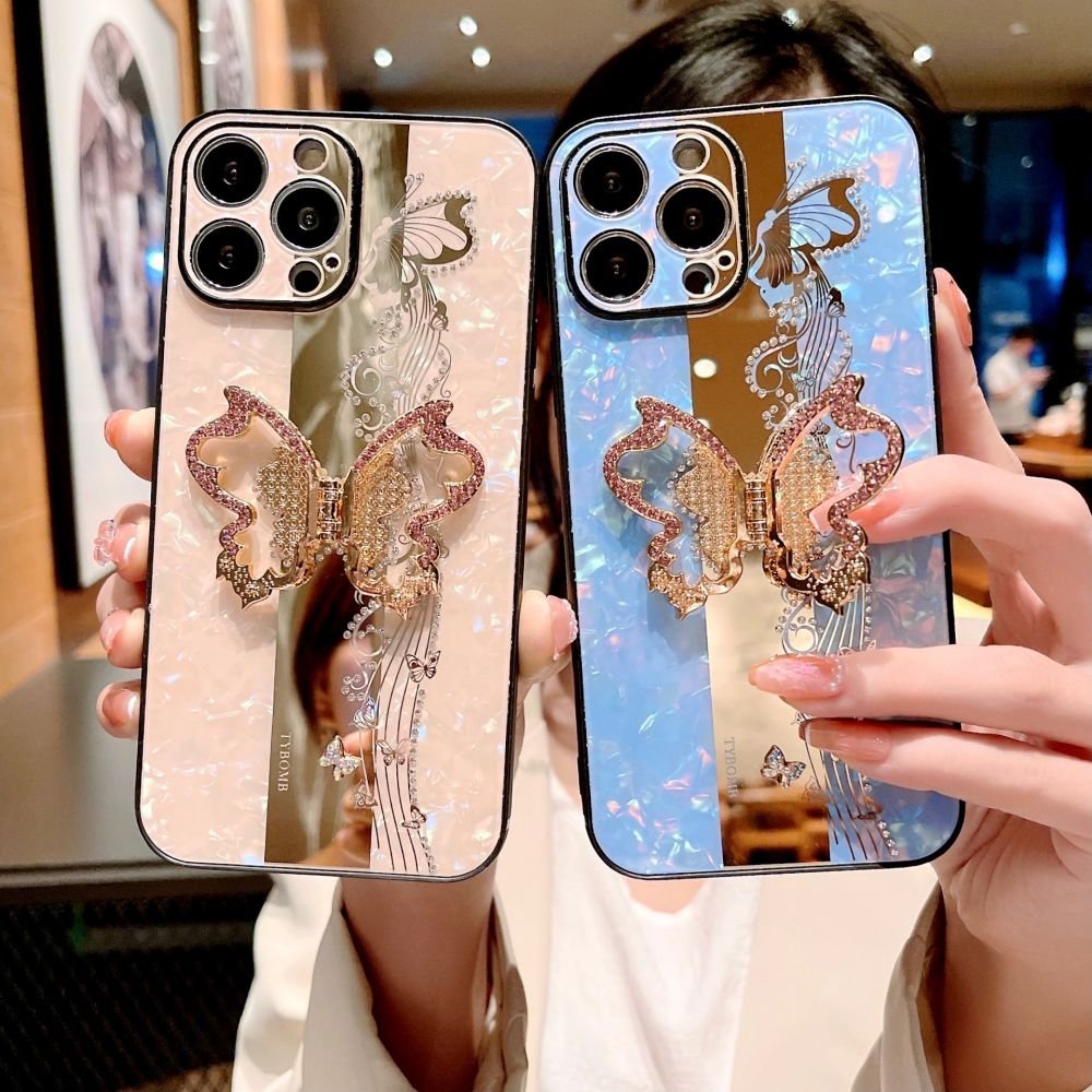 Luxury Butterfly Bracket Phone Holder Case For iPhone14 13 12 11 Pro Max XS Max XR X 7 8 plus Cute Mirror Phone Cover