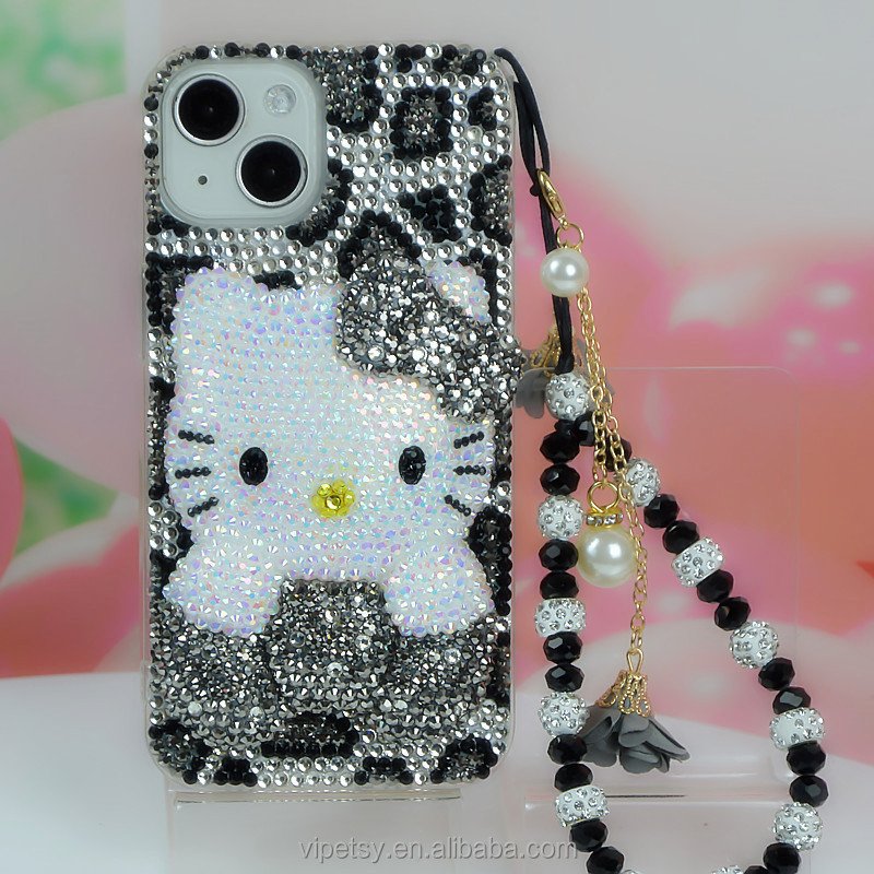 Luxury handmade cute 3D gray leopard print KT cat phone case with rhinestones 15 14 13 12 11 pro/pro max for iPhone