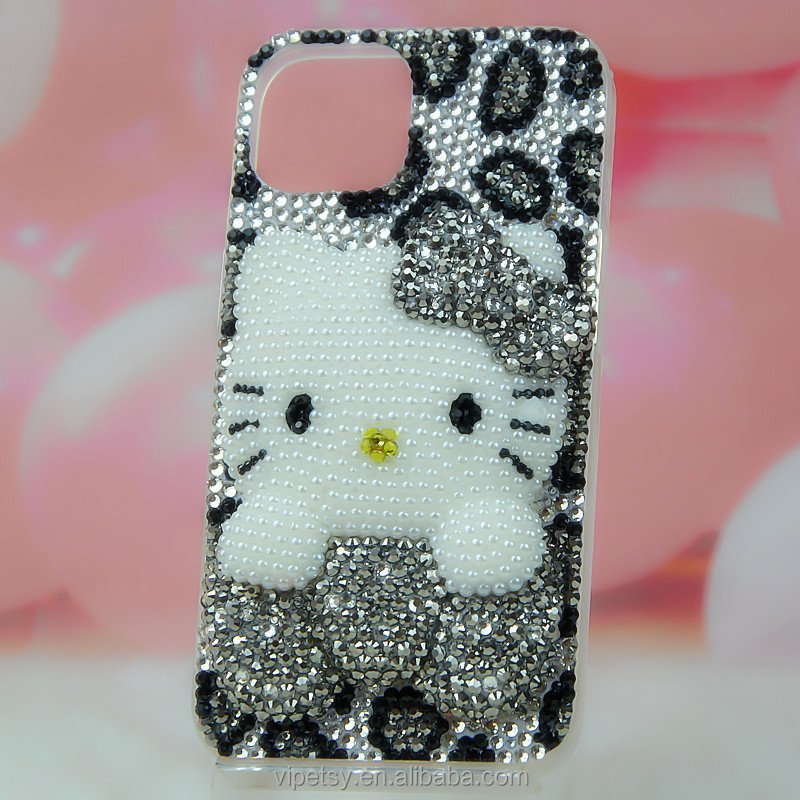 Luxury handmade cute 3D gray leopard print KT cat phone case with rhinestones 15 14 13 12 11 pro/pro max for iPhone