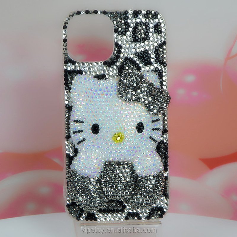 Luxury handmade cute 3D gray leopard print KT cat phone case with rhinestones 15 14 13 12 11 pro/pro max for iPhone