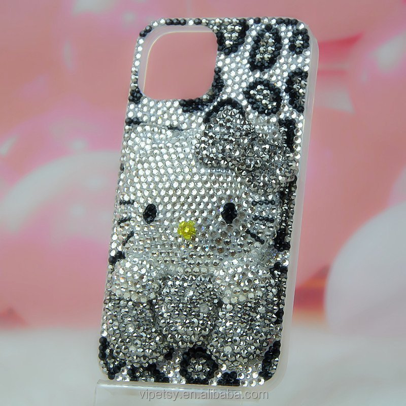 Luxury handmade cute 3D gray leopard print KT cat phone case with rhinestones 15 14 13 12 11 pro/pro max for iPhone