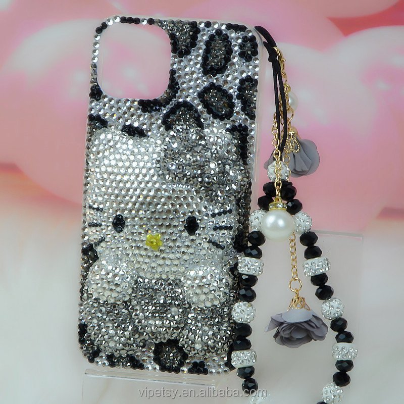 Luxury handmade cute 3D gray leopard print KT cat phone case with rhinestones 15 14 13 12 11 pro/pro max for iPhone