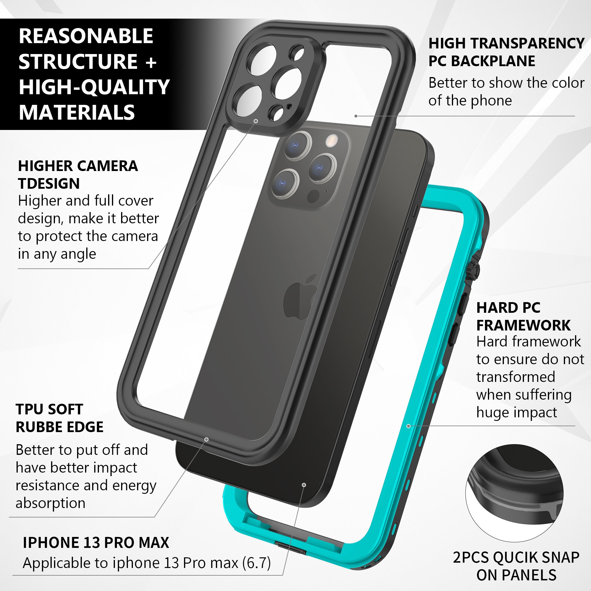 Factory wholesale PC+TPU built-in screen protector shockproof IP68 professional water proof phone case for iPhone13/14/15promax