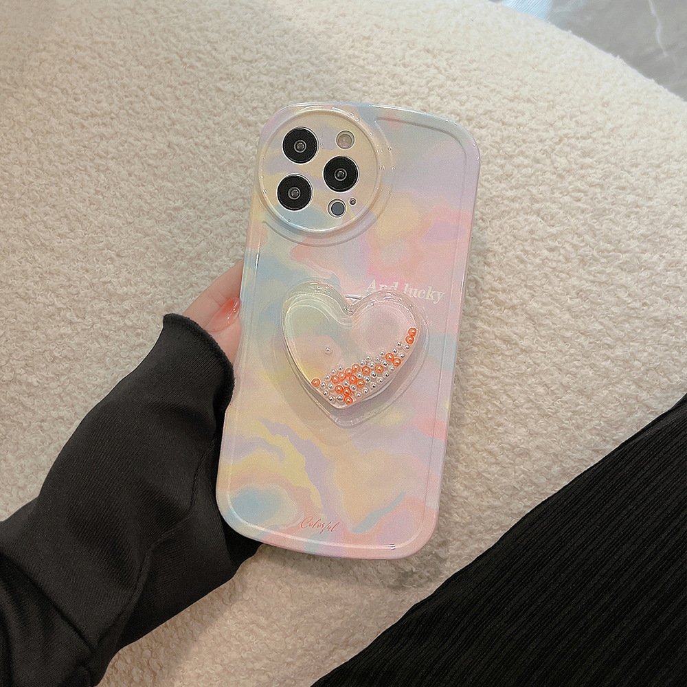 TPU+PC Protector Cover For iPhone 15 14 13 Pro Max Colorful Painting With Heart Design Holder Fashion Style Mobile Phone Case