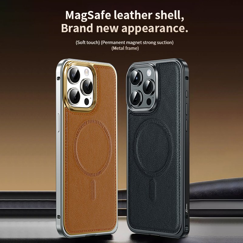 Premium Leather Cover Magnetic Phone Case for iPhone 15 14 Pro Max 14 Pro Aluminum snap lock Bumper Frame Metal Shockproof Shell