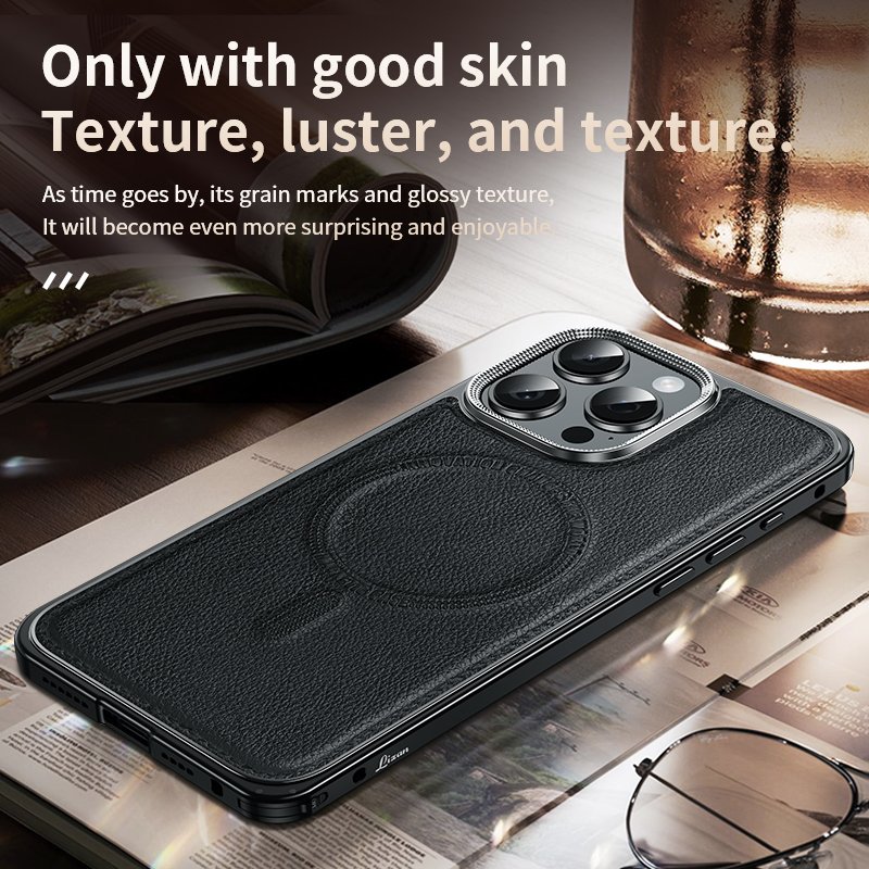 Premium Leather Cover Magnetic Phone Case for iPhone 15 14 Pro Max 14 Pro Aluminum snap lock Bumper Frame Metal Shockproof Shell
