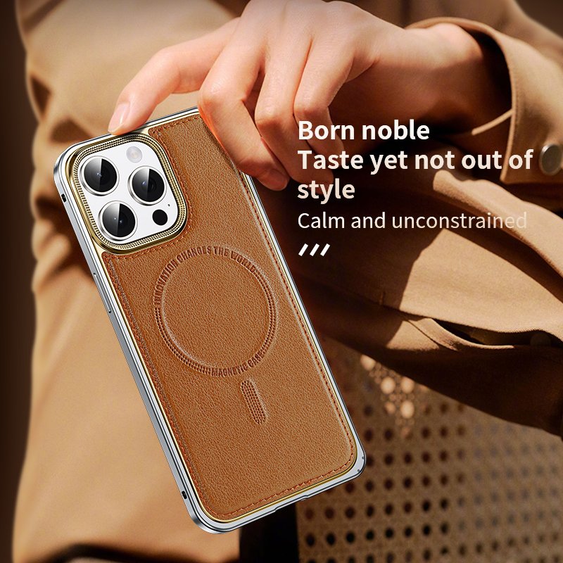 Premium Leather Cover Magnetic Phone Case for iPhone 15 14 Pro Max 14 Pro Aluminum snap lock Bumper Frame Metal Shockproof Shell