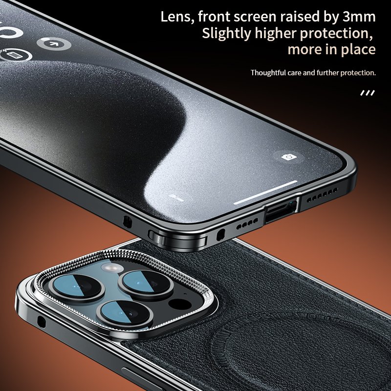 Premium Leather Cover Magnetic Phone Case for iPhone 15 14 Pro Max 14 Pro Aluminum snap lock Bumper Frame Metal Shockproof Shell
