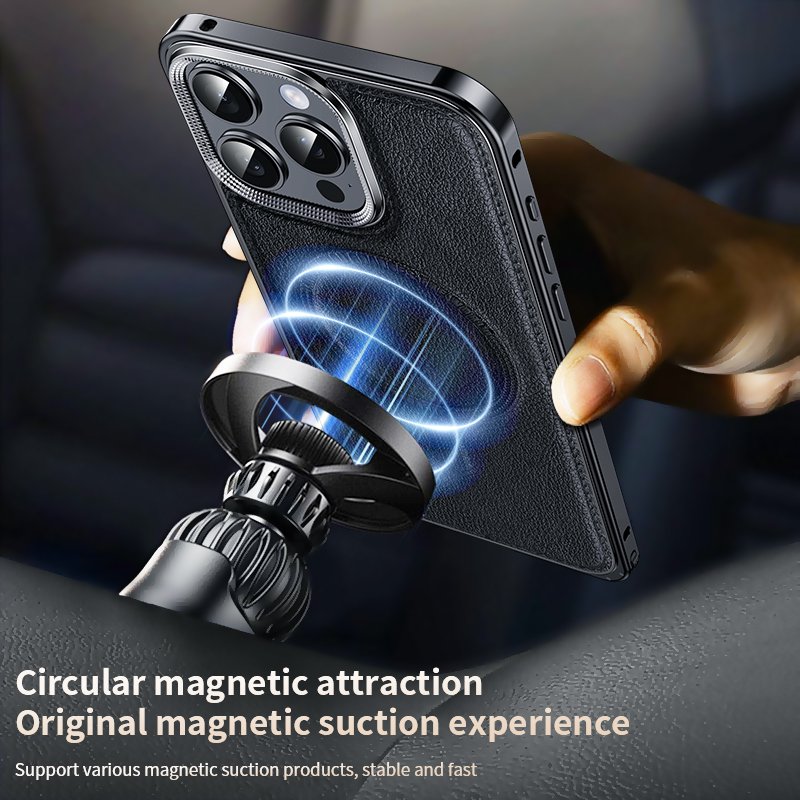 Premium Leather Cover Magnetic Phone Case for iPhone 15 14 Pro Max 14 Pro Aluminum snap lock Bumper Frame Metal Shockproof Shell