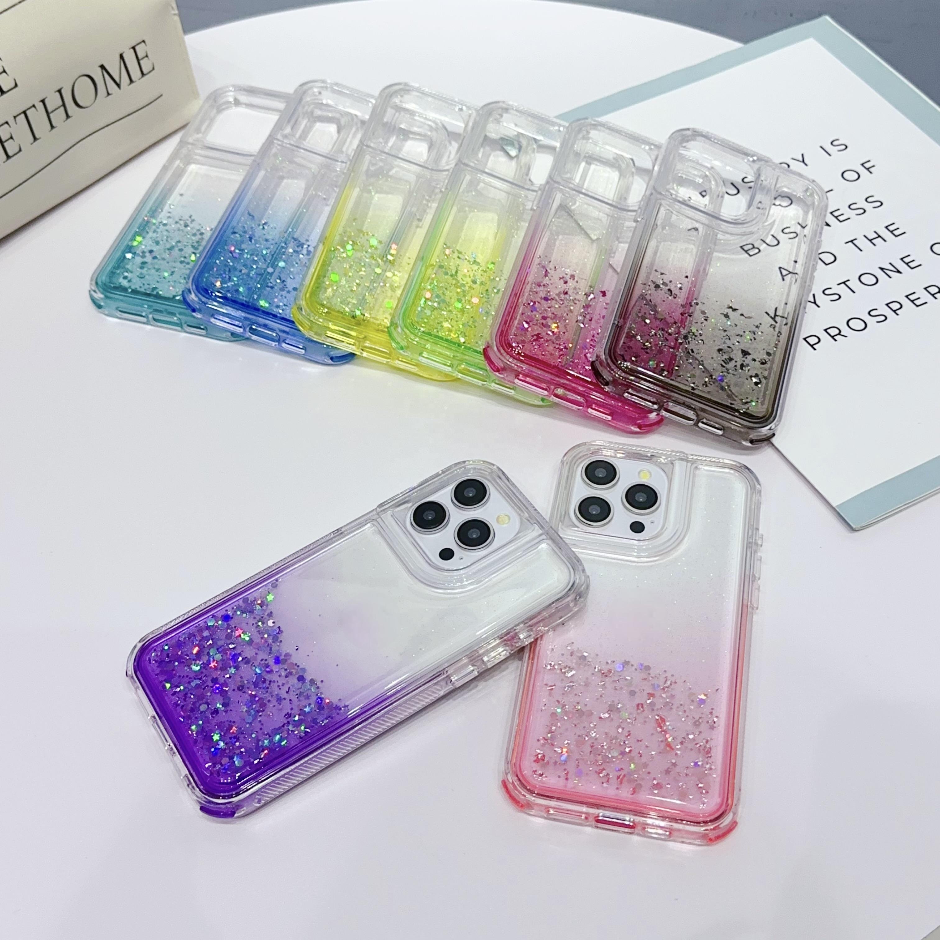 2 In 1 Shockproof Gradient Glitter Mobile Phone Case For iphone 15 14 Pro Max Girl Shiny Phone Cover For Samsung S24 Ultra A25