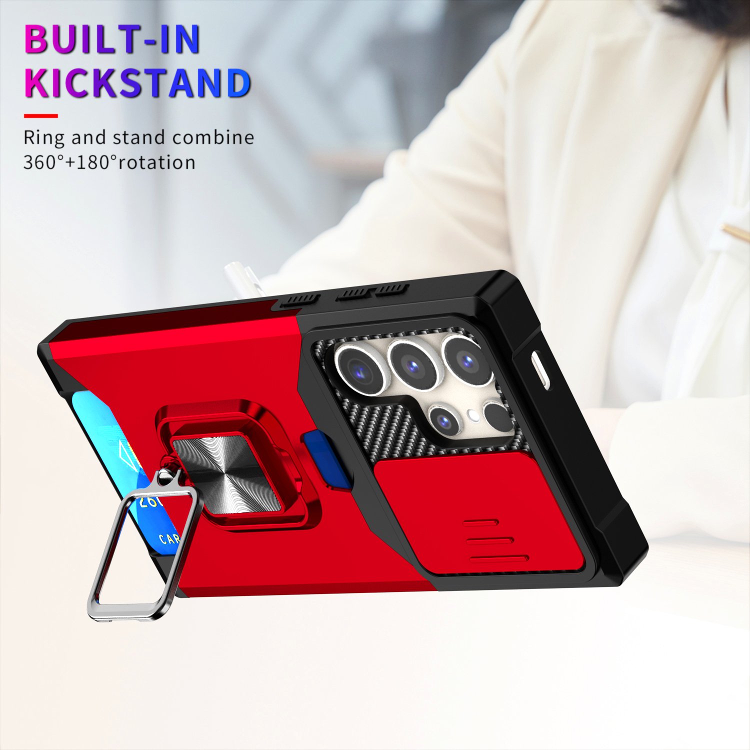 Camera Privacy Card Slot Case for Samsung Galaxy S24 Ultra S23 Plus S22 Ultra S21 FE Note 20 Ultra Tough Ring Stand Case