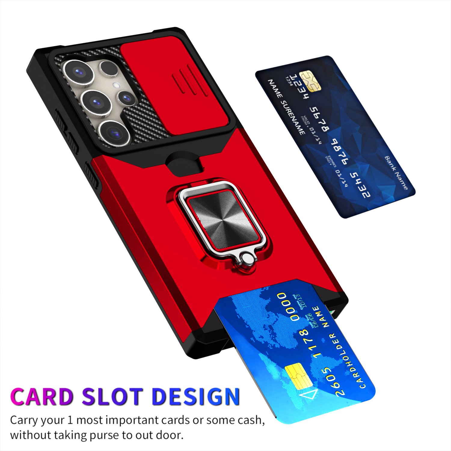 Camera Privacy Card Slot Case for Samsung Galaxy S24 Ultra S23 Plus S22 Ultra S21 FE Note 20 Ultra Tough Ring Stand Case