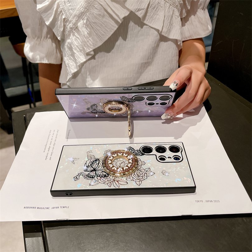 For Samsung S24 Luxury Diamond Flower Butterfly Holder Phone Case for Samsung S23 ultra Phone Cover