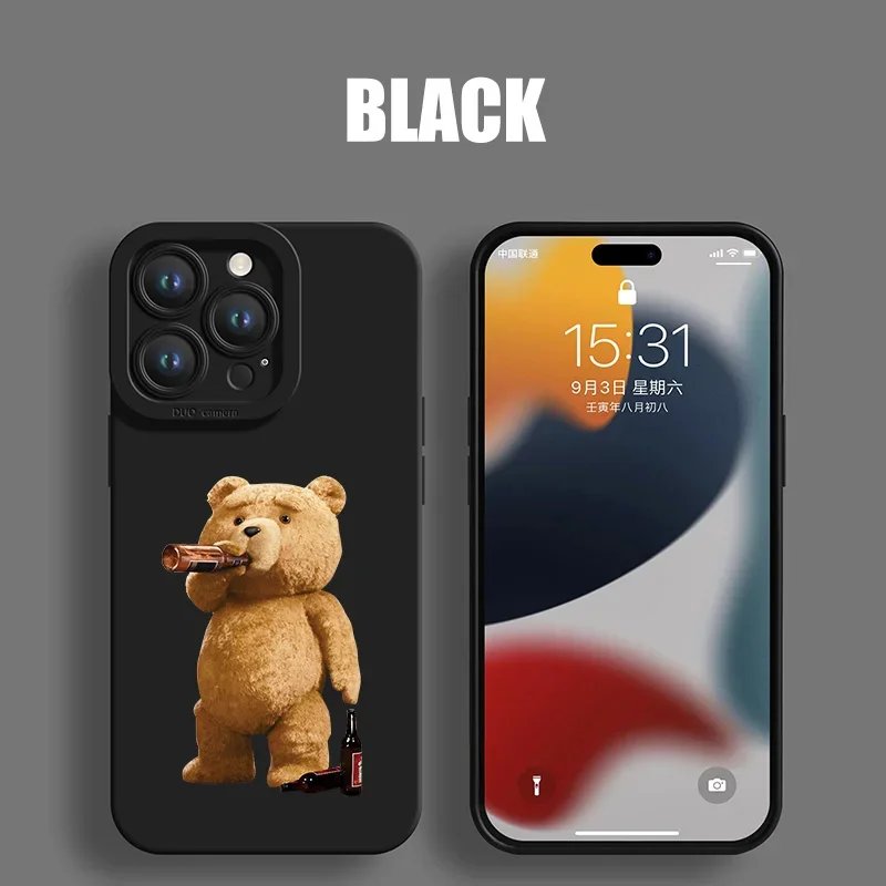 High End Black Cartoon Bear Mobile Phone Case For IPhone 15 14 13 12 11 Pro Max X Xs Max Xr Mini 8 7 14 15plus Matte Soft Silico