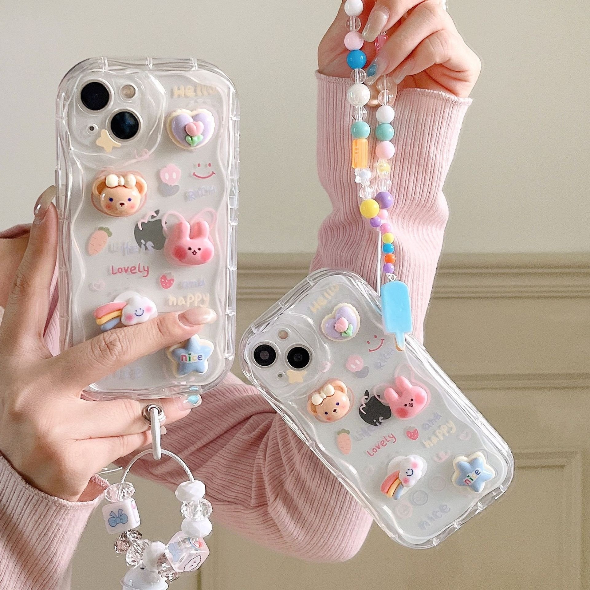 Cute Cover Chain Pendant For iPhone 12 13 15 14 pro max 3D doll Rainbow Duck Rabbit Bracelet Cream Pattern Mobile Phone Cases