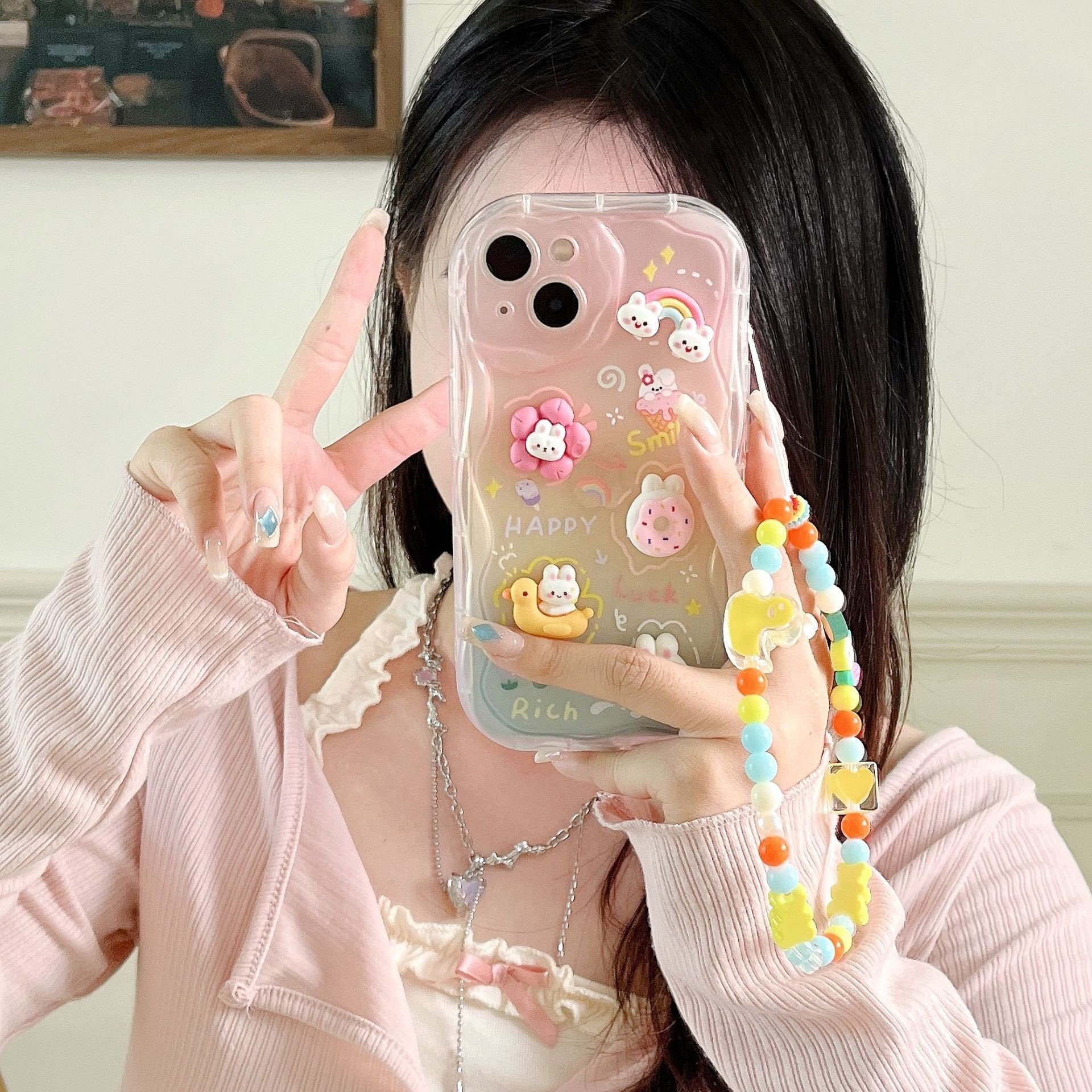 Cute Cover Chain Pendant For iPhone 12 13 15 14 pro max 3D doll Rainbow Duck Rabbit Bracelet Cream Pattern Mobile Phone Cases