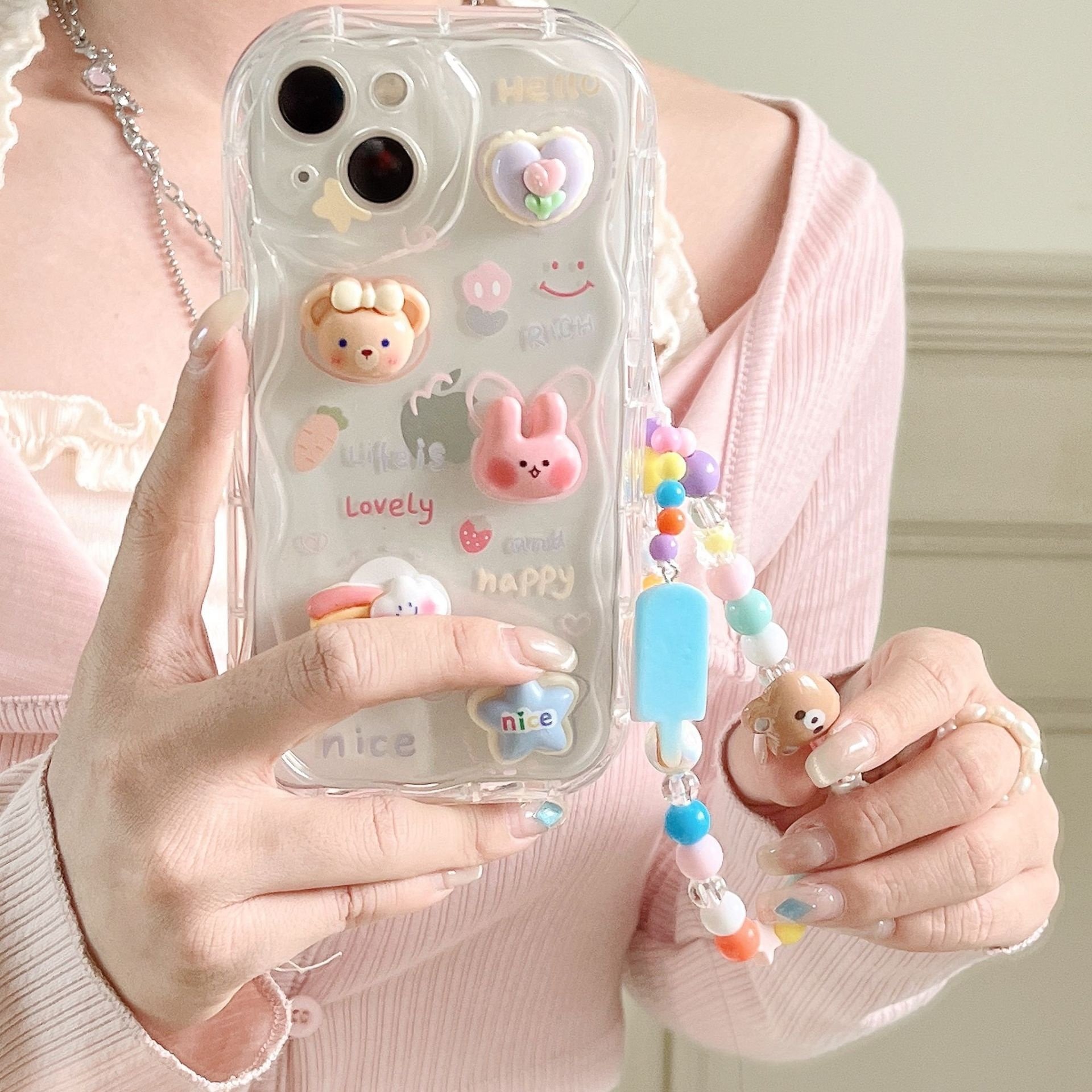 Cute Cover Chain Pendant For iPhone 12 13 15 14 pro max 3D doll Rainbow Duck Rabbit Bracelet Cream Pattern Mobile Phone Cases