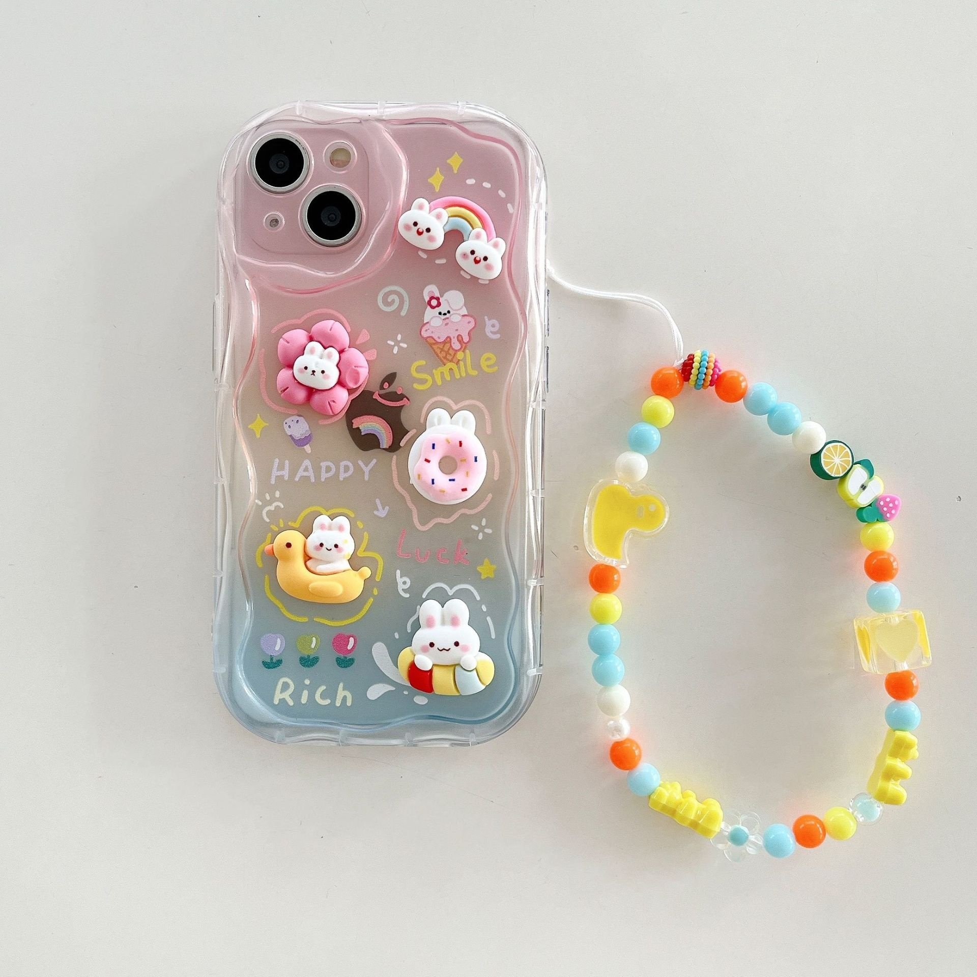 Cute Cover Chain Pendant For iPhone 12 13 15 14 pro max 3D doll Rainbow Duck Rabbit Bracelet Cream Pattern Mobile Phone Cases