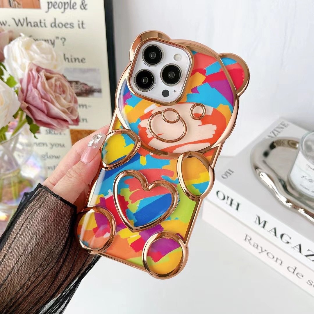 Cartoon Colorful Bear Edge Electroplate Transparent TPU Mobile Phone Back Cover Case For iPhone X Xr XS 11 12 13 14 15 Pro Max
