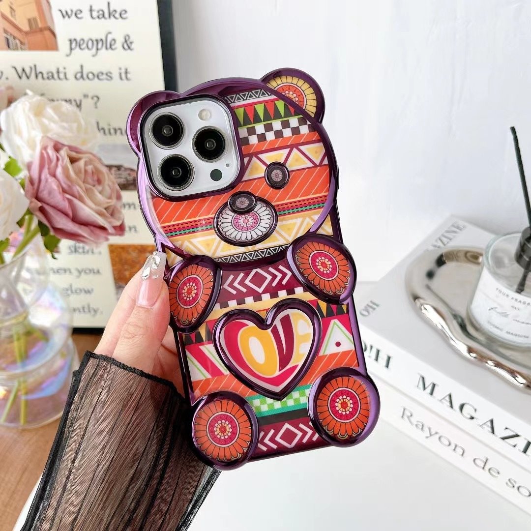 Cartoon Colorful Bear Edge Electroplate Transparent TPU Mobile Phone Back Cover Case For iPhone X Xr XS 11 12 13 14 15 Pro Max