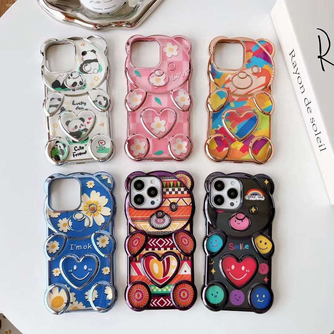 Cartoon Colorful Bear Edge Electroplate Transparent TPU Mobile Phone Back Cover Case For iPhone X Xr XS 11 12 13 14 15 Pro Max