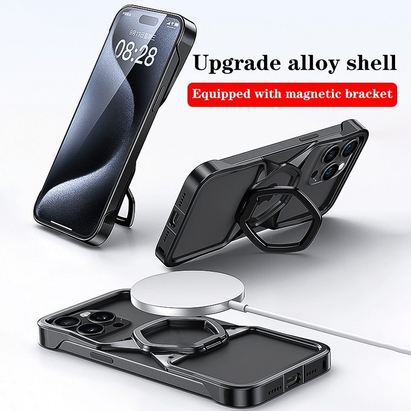 Back Panel Anti-collision Corner Phone Case 2024 Matte PC with Magnetic Ring Holder and Aluminum Alloy 16 15 Pro Max for Iphone