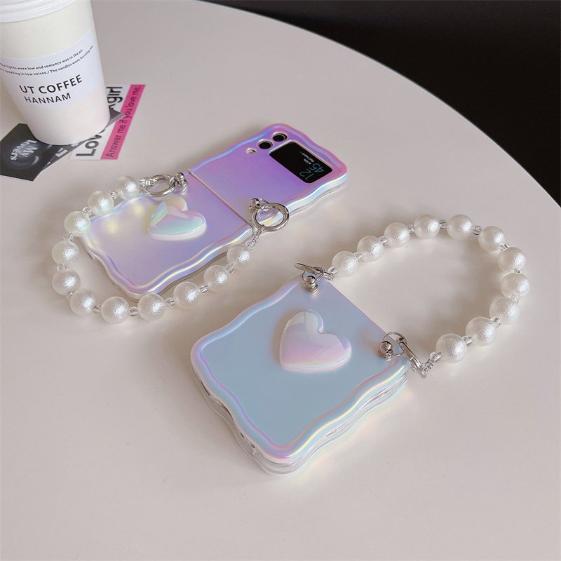 Fashion Colorful Laser 3D Love Heart Bling Glitter Silicone Mobile Phone Case For Samsung Galaxy Z Flip 5 4 3 With Chain
