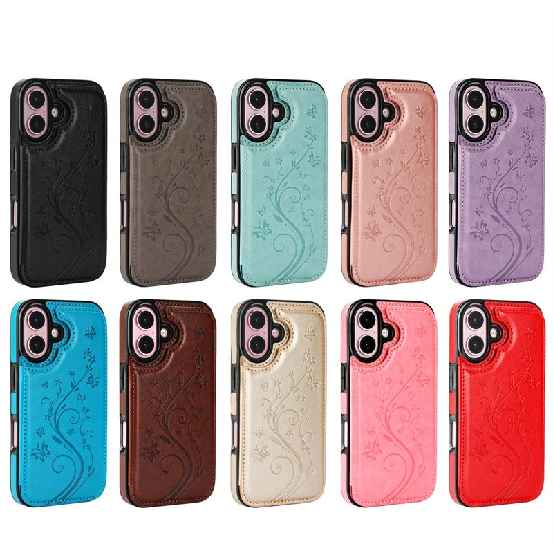 3D Butterfly Embossing Leather Mobile Phone Case for iPhone 16 15 14 13 12 11 Pro max Card Holder Wallet Cover