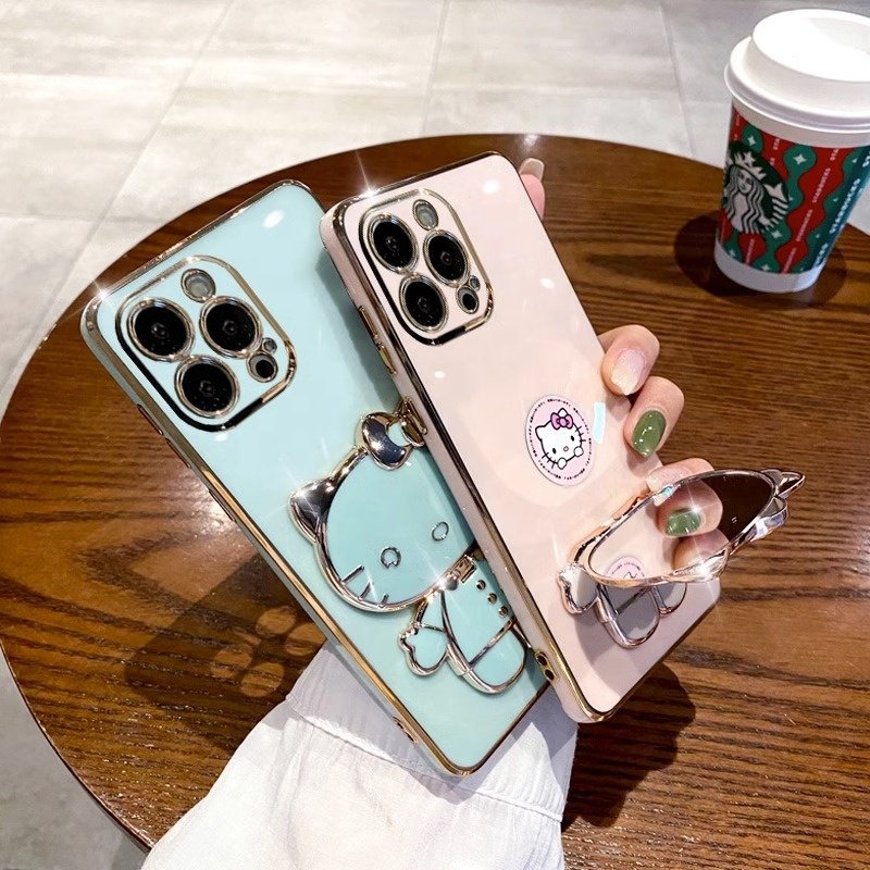 Popular With Girls Electroplated Hello Cute Kitty 3D Cat Makeup Mirror Phone Case For iPhone 14 13 12 11 15 Pro max with Holder