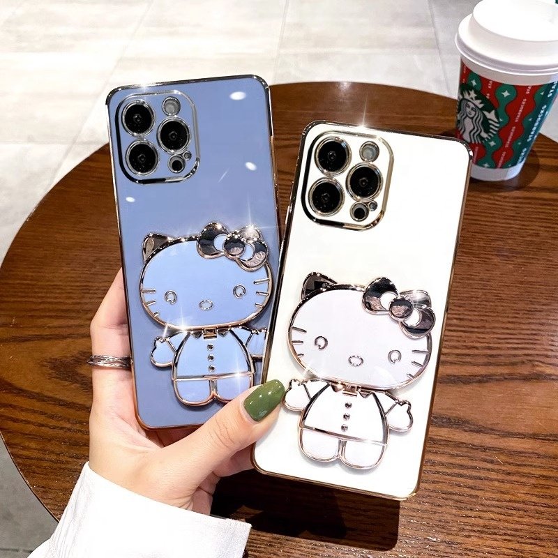 Popular With Girls Electroplated Hello Cute Kitty 3D Cat Makeup Mirror Phone Case For iPhone 14 13 12 11 15 Pro max with Holder