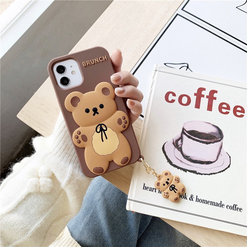 3D Silicone Cute Cartoon Bear Mobile Phone Case With Keychain Cover For iPhone 15 Pro Max 14 13 11 12 plus Custom Design
