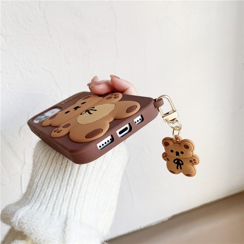 3D Silicone Cute Cartoon Bear Mobile Phone Case With Keychain Cover For iPhone 15 Pro Max 14 13 11 12 plus Custom Design