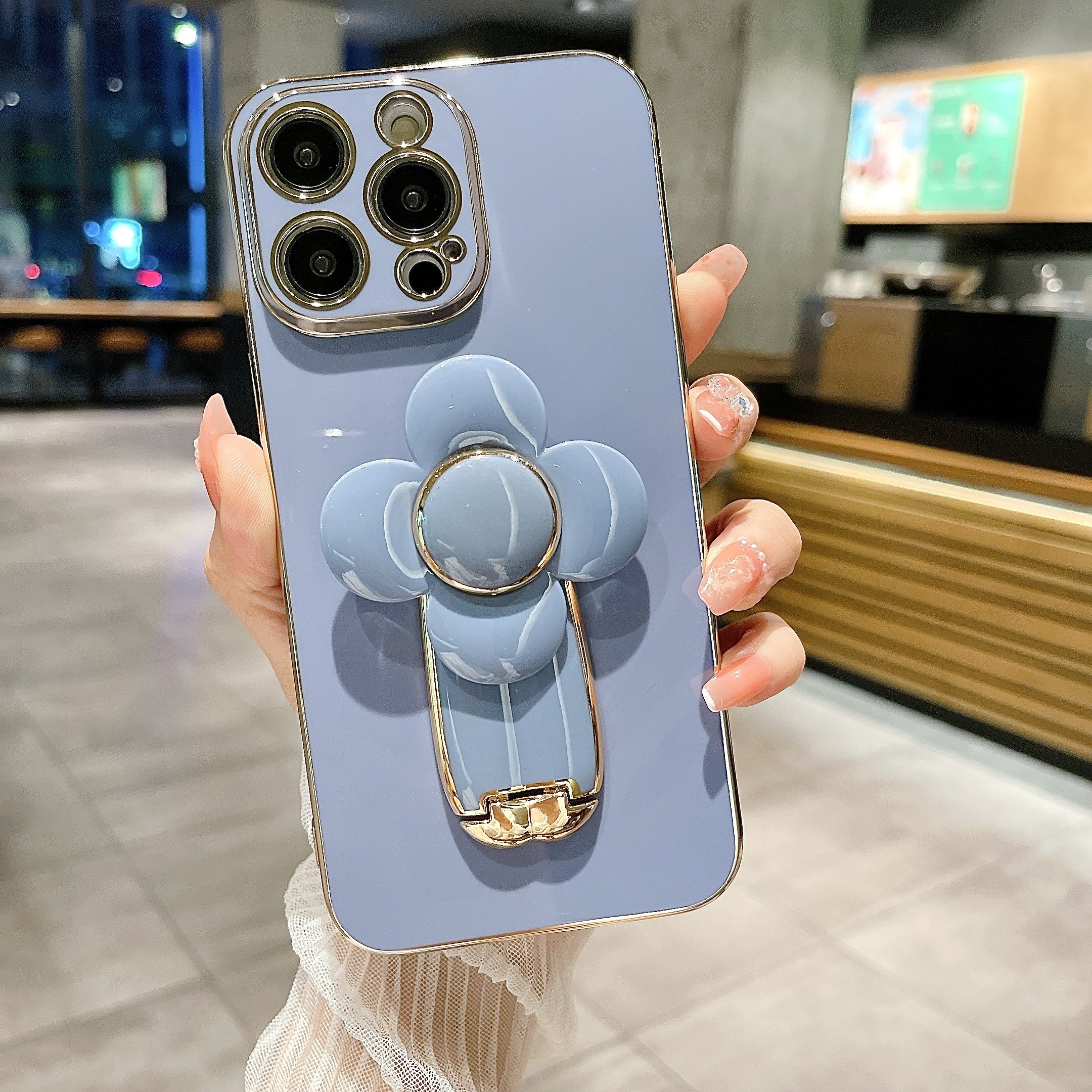 New Plating Big Windmill Flower Mobile Phone Case For Iphone 13 12 11 15 Pro Max 14Plus With Holder Stand Shockproof Phone Cover